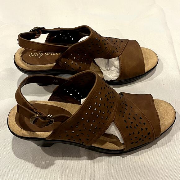 Easy Street Perforated Block Heeled Sandals Charleigh Dark Tan 7M - Picture 1 of 9